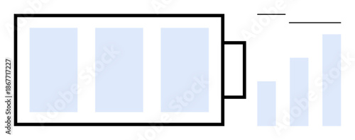 Energy concept. Battery icon showing charge levels alongside bar chart for performance tracking. Energy monitoring, efficient power usage, and renewable energy focus. Ideal for sustainability