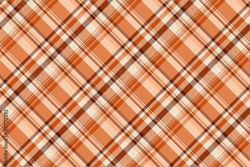 Warm, inviting plaid pattern with orange, beige, and brown hues. Versatile design for backgrounds, textiles, and creative projects requiring a classic touch.