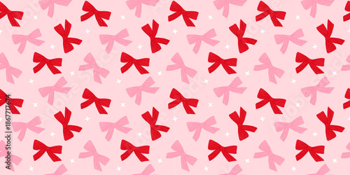 Coquette seamless pattern hand drawn bows on pink background. Holiday festive print for wrapping paper, fabric and textile. Christmas and Valentines day repeat wallpaper. Vector illustration art