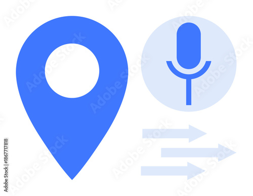 Navigation, voice recognition, user interface design, location services, voice commands, technology. Blue location pin, microphone and arrows. Navigation and voice recognition concept