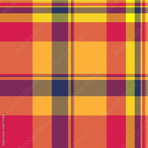 Sewing tartan texture pattern, factory seamless check vector. Scottish textile plaid background fabric in amber and red colors.