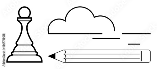 Education, strategy, creativity, planning, imagination, and innovation. Minimalist line art of a chess pawn, fluffy cloud and pencil. Strategy and creativity