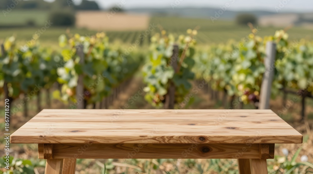 Naklejka premium Wooden table in front of a vineyard offering a rustic and natural presentation