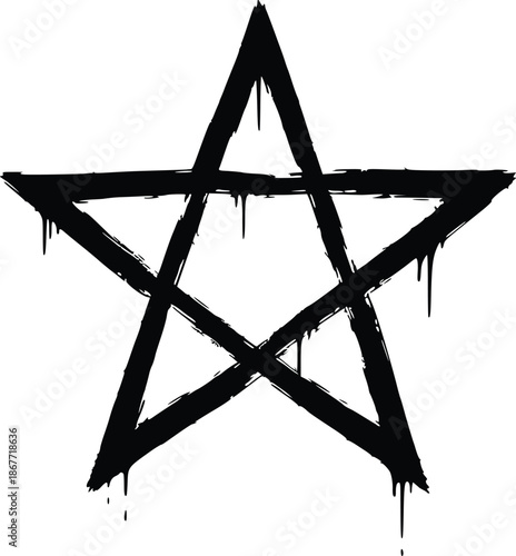 five pointed star vector in black ink with dripping paint effect, represents the balance of elements and mystic protection in an urban style