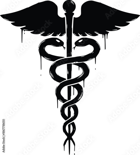 vector illustration of a caduceus symbol with snakes and wings in black ink style with paint dripping effects