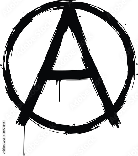 vector illustration of a hand drawn anarchy symbol with messy brush strokes and paint drips isolated