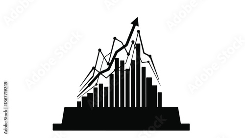 Growing business success graph with upward trending arrow chart in black and white minimalist design for finance and marketing concepts