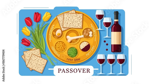 Passover Seder Plate with Matzah and Wine.