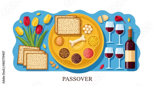 Passover Seder Plate with Matzah and Wine.