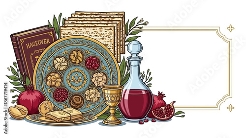 Passover Seder Plate and Matzah with Wine and Pomegranates.