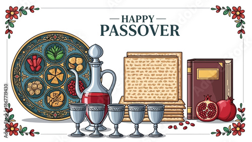 Happy Passover Seder Plate and Matzah Celebration.