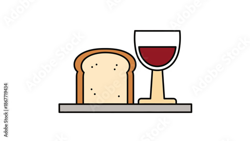 Slice of Bread and Glass of Red Wine on Plate.