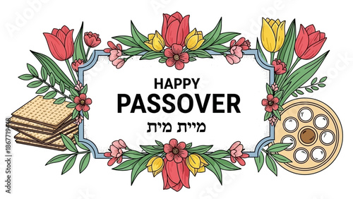 Happy Passover Celebration with Matzah and Seder Plate.