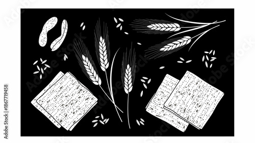 Healthy Whole Grain Crackers and Wheat Stalks Illustration.