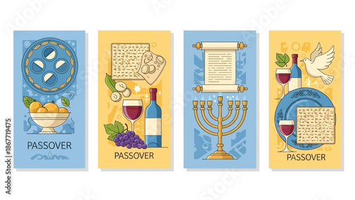 Passover holiday symbols and traditions illustrated in four vertical banners.