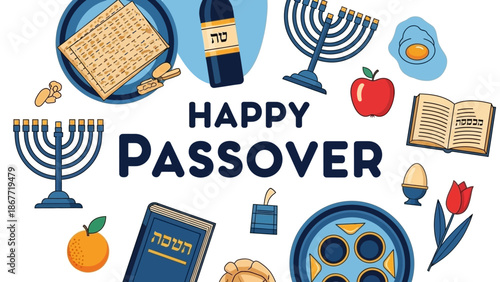 Happy Passover Celebration with Traditional Symbols and Food.