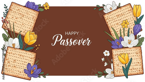 Happy Passover Matzah and Spring Flowers Celebration.