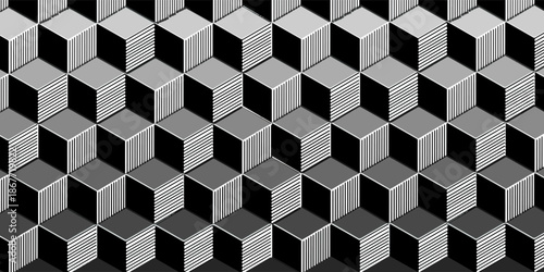 Abstract 3d isometric striped cubes geometric seamless pattern in black and white, vector