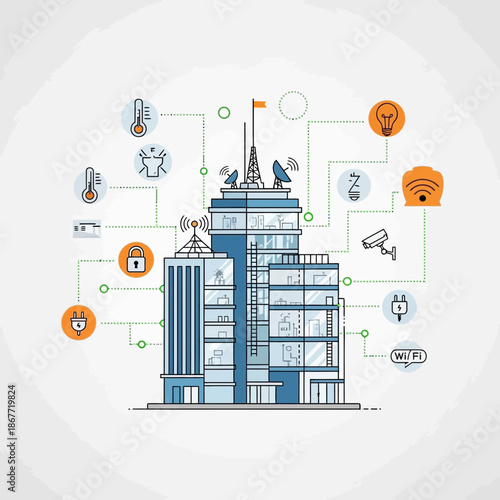 Modern building connected to various technology icons.