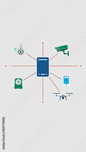 Network diagram showing connected devices and a central hub.