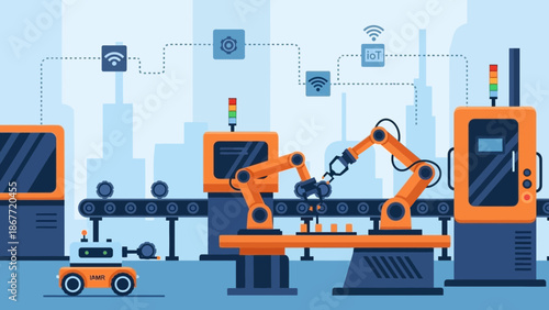 Automated factory with robotic arms and conveyor belt.