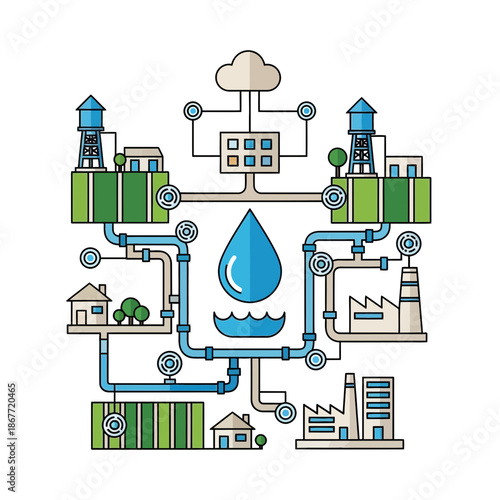 Water distribution system with industrial and residential elements.