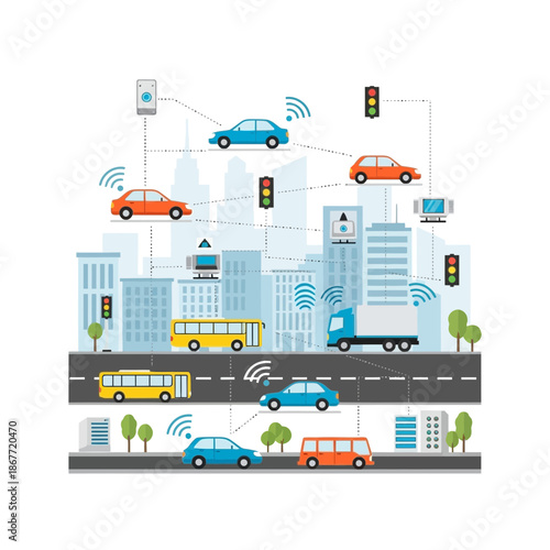 Smart city with connected vehicles and buildings on a white background.