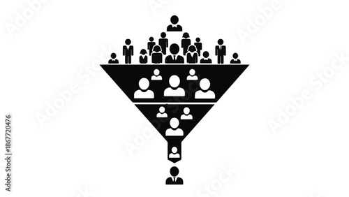 Sales marketing conversion funnel with people at different stages from top to bottom, representing customer journey and lead generation process in business