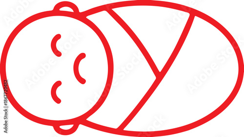 Minimalist red line icon of a peacefully sleeping newborn baby swaddled tightly, representing infant safety, sweet dreams, and parental care vector graphic.