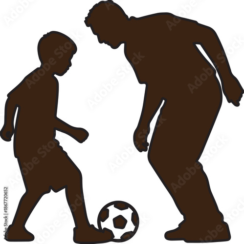 Father and young son silhouette playing soccer together, bonding through sports and mentorship, isolated graphic illustration.