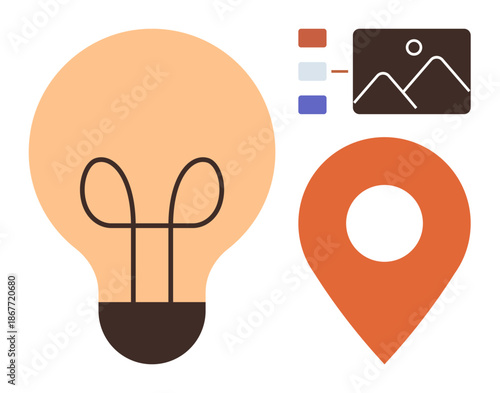 Creativity, navigation, media organization, location sharing, infographic design, brainstorming. Flat design lightbulb and map location pin with image diagram. Creativity and navigation concept