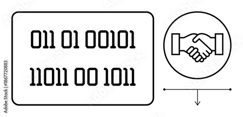 Blockchain concept. Binary codes with handshake blockchain transactions and digital contracts. Blockchain ensures safe data exchange. Perfect for fintech, cybersecurity, technology, digital contracts