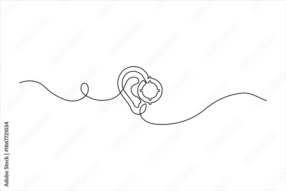 Obraz premium Continuous one-line drawing of an ear with a focus symbol. Minimalist icon for hearing concentration and audiology. Simple black line art on a white background