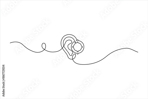 Continuous one-line drawing of an ear with a focus symbol. Minimalist icon for hearing concentration and audiology. Simple black line art on a white background