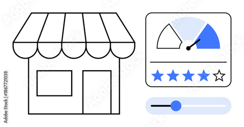 Customer feedback concept. Customer feedback with storefront, rating stars, and performance gauge. Customer interaction improves business quality, trust, and satisfaction. For business development