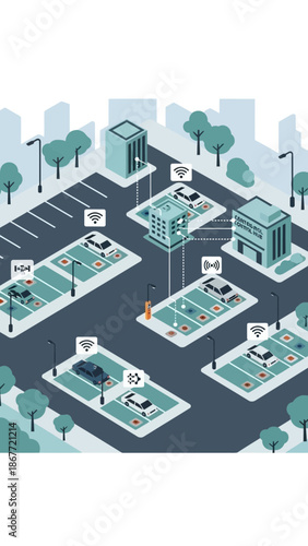 Isometric illustration of buildings and trees in a city grid.