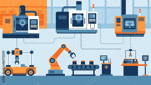 Automated factory with robots and machinery in a bright industrial setting.