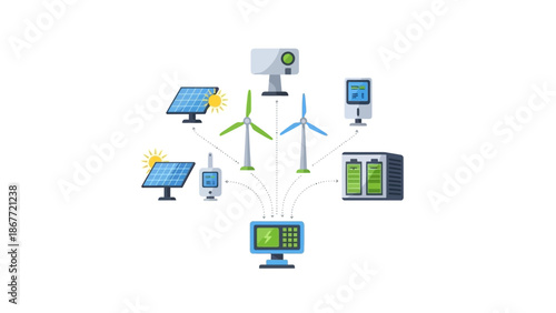 Renewable energy sources and storage systems depicted as icons.