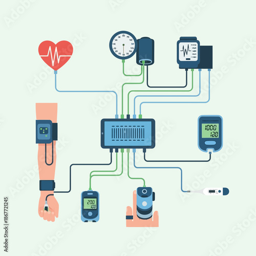 Medical devices connected to a central unit with heart symbol.