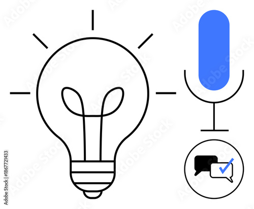 Light bulb for idea generation, microphone for speech or voice recognition, and chat bubble with checkmark for communication or approval. Ideal for creativity, brainstorming, branding, teamwork