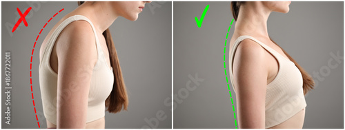 Фотография Woman with poor and good posture on grey background, closeup