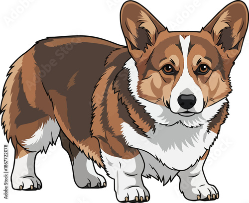 Pembroke Welsh Corgi dog standing alert focused herding stance