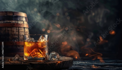 Rich amber whiskey in a glass with ice cubes beside a wooden barrel and smoky background creating a warm, inviting atmosphere