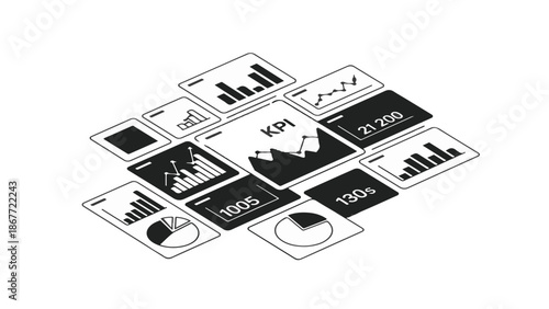 Business data analysis infographic with graphs and charts on multiple screens, displaying statistics and trends in a modern office setting for finance and marketing professionals