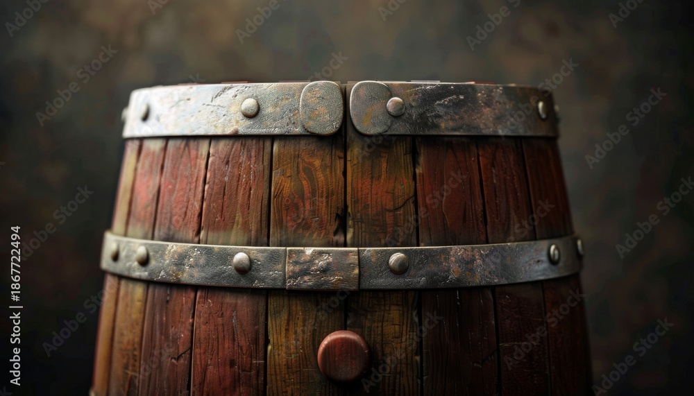 Fototapeta premium Rustic wooden barrel with detailed metal straps showcasing an aged appearance and historical charm