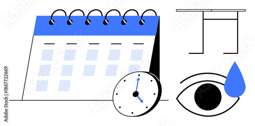 Time management, planning, emotions, productivity, work schedules, deadlines. A calendar, clock eye with tear and table are . Time management and planning concept