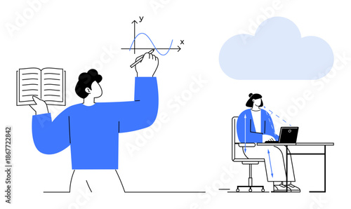 Education and remote work. Education concept with a person studying math and another working from home using cloud computing. Education involves learning and modern digital tools. For e-learning