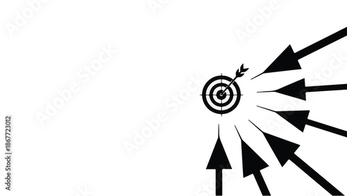Business target goal concept with arrows hitting bullseye, success and achievement in corporate strategy and planning, modern minimalist design
