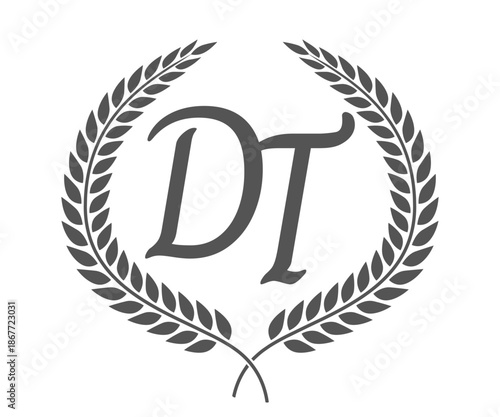 Initial letter D and T, DT monogram logo design with laurel wreath. Luxury calligraphy font.