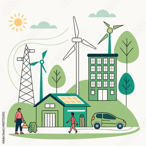 Green City with Renewable Energy and Sustainable Urban Lifestyle Illustration
